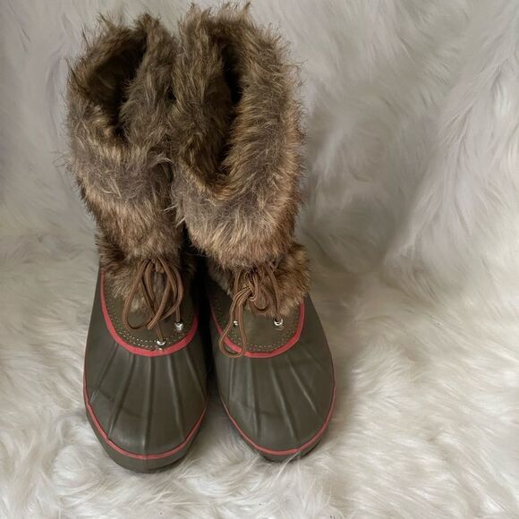 KHOMBU snow boots leather & rubber olive green and orange with faux fur SZ8M - Picture 8 of 10